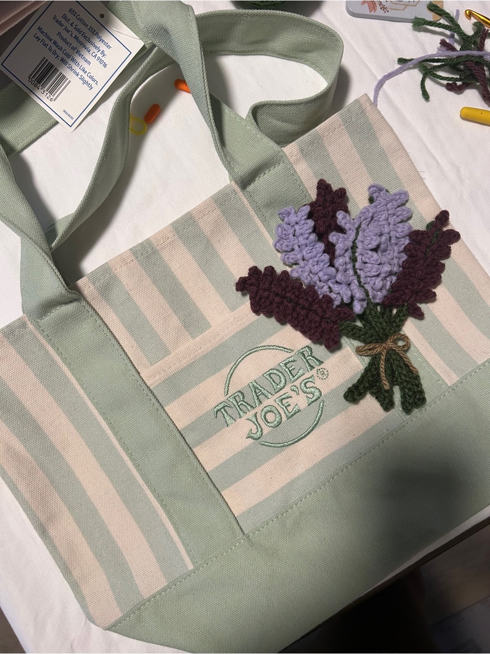 Trader Joe’s Mint Green Striped Tote with Handmade Lavender Crochet Accent